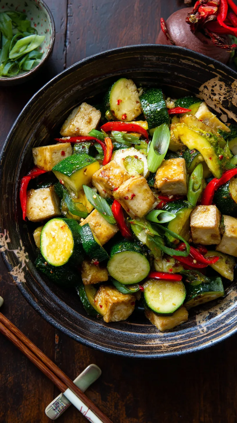 Close-up of colorful zucchini stir fry with golden tofu pieces