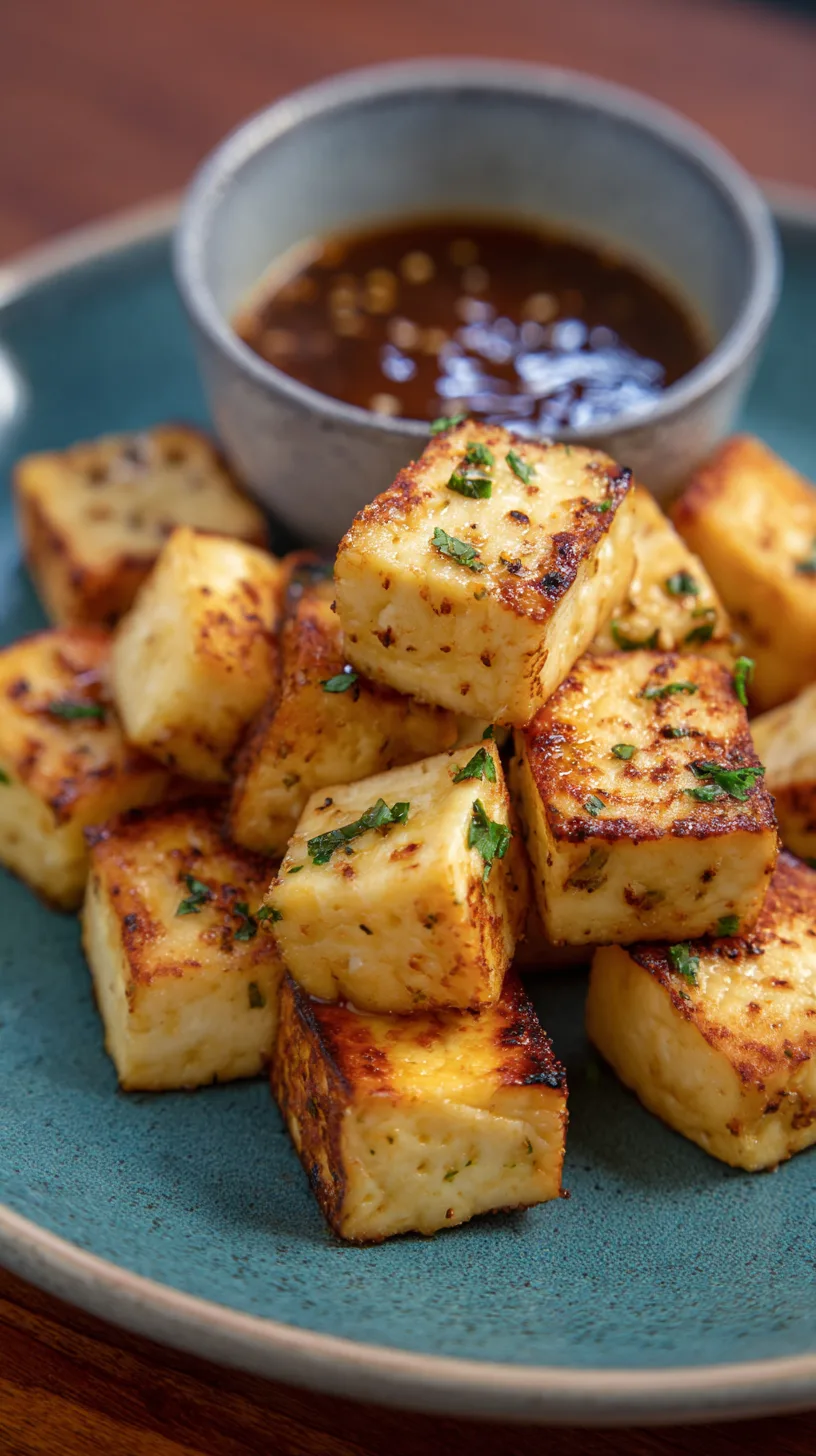 Golden crispy air fryer tofu cubes on a plate